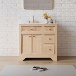 Solid Wood Bathroom Vanity with Carrara White Quartz Top, CUPC-certified Sink, 36"