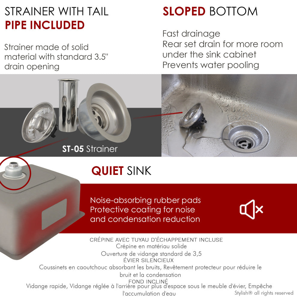 STYLISH 23 inch Single Bowl Undermount and Drop-in Stainless Steel Kitchen Sink