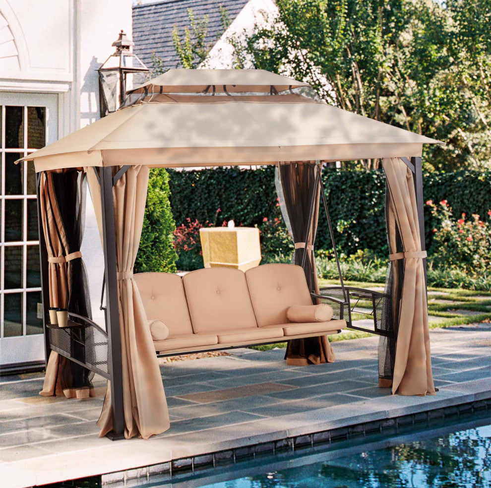 HOMREST 3-Seat Outdoor Porch Swing,Gazebo Swing with Double Tier Canopy(khaki)