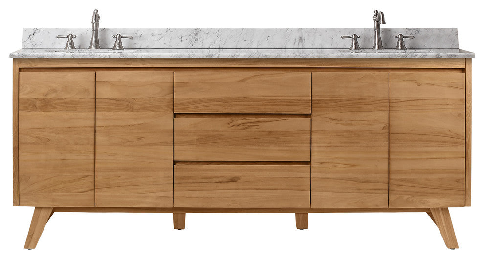 Avanity Coventry 73" Bath Vanity Combo, Natural Teak Finish, Carrara White Marble Top