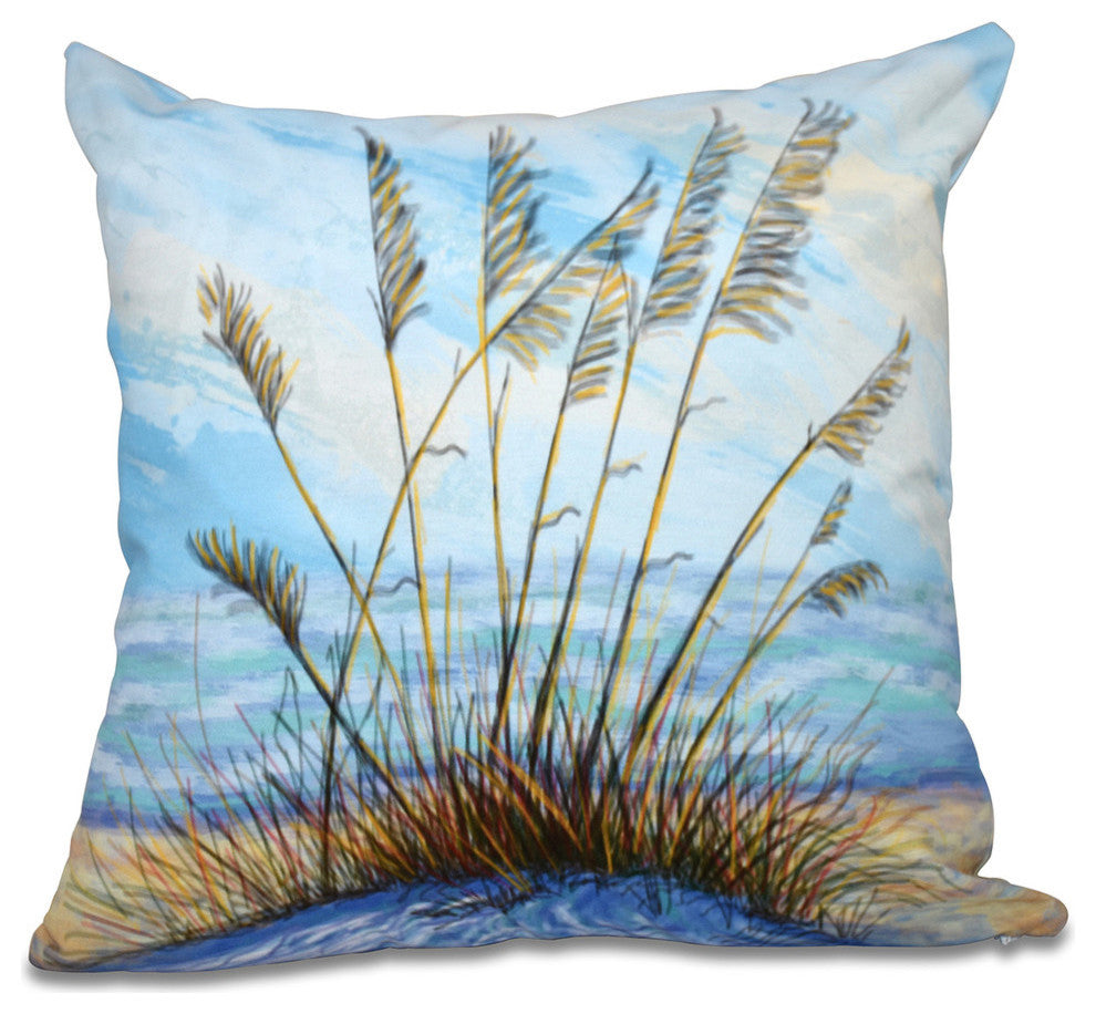 Happy Place, Floral Print Pillow, Blue, 16"x16"
