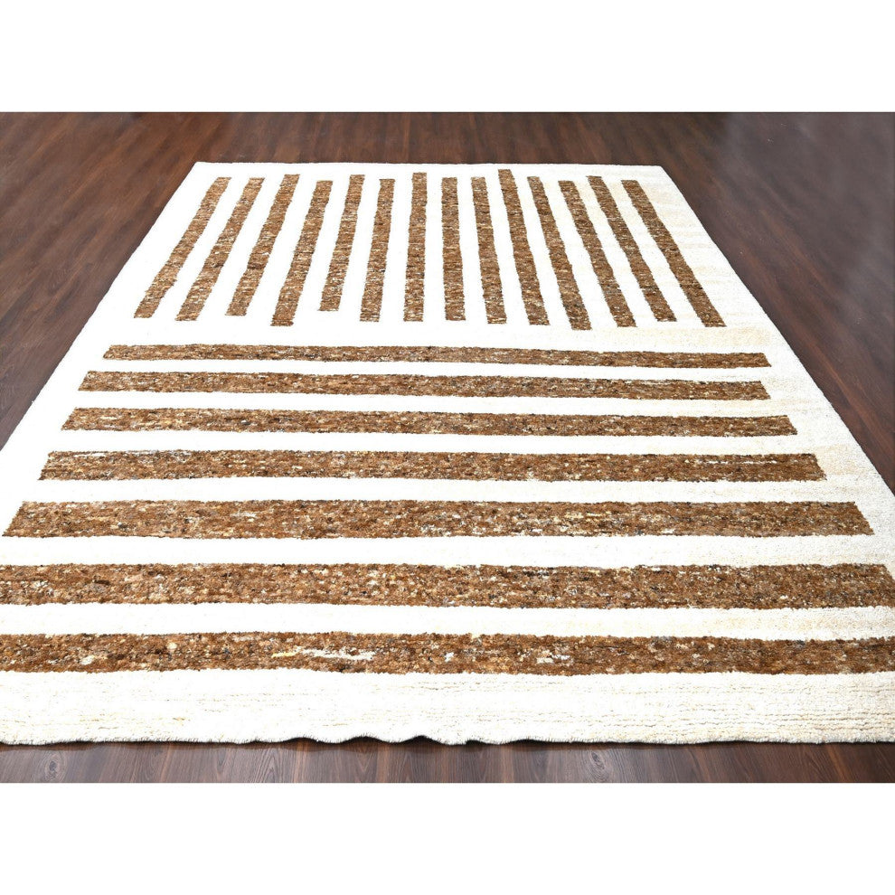 Brown Wool Minimalist Stripe Design Hand Knotted Oversized Rug 12'2"x14'10"