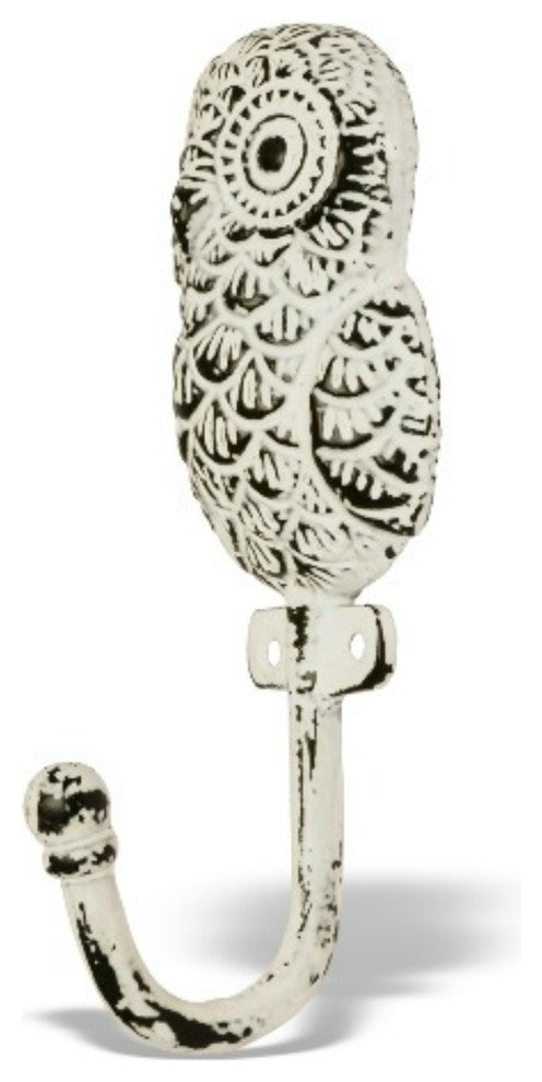 Owl Wall Hook in White Distressed Finish, 6" Height