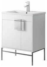 Modern White Bathroom Vanity Set, Chrome Hardware, Vireous China Sink Top