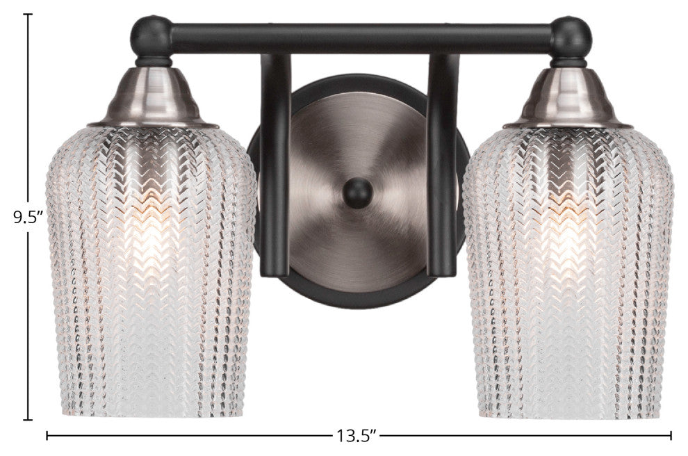Paramount 2-Light Bath Bar, Matte Black & Brushed Nickel, 5" Clear Textured
