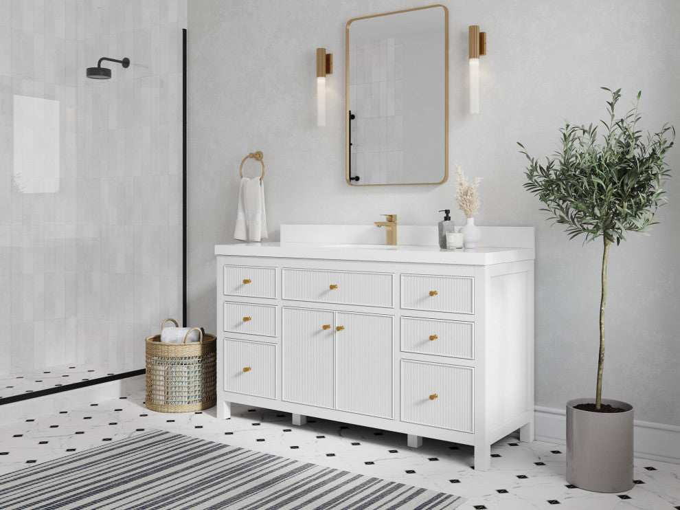 Sonoma 60 Single Sink Reeded Bathroom Vanity in White 2" Empira White