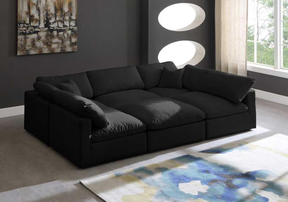 Plush Velvet / Down Standard Comfort 6-Piece U-Shaped Modular Sectional, Black