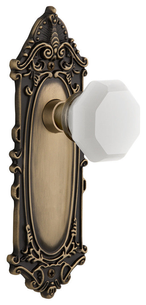 Victorian Plate Passage Waldorf White Milk Glass Knob, Antique Brass