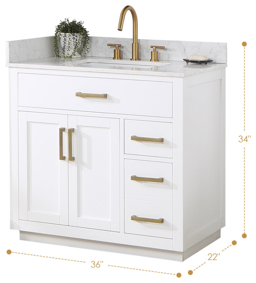 Gavino Vanity With Grain White Composite Stone Top, White/Brushed Gold, 36", No Mirror