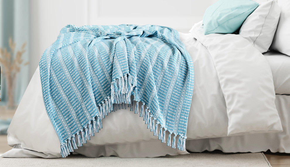 Maui Blue Ridgeline Striped Throw Blanket with Fringe