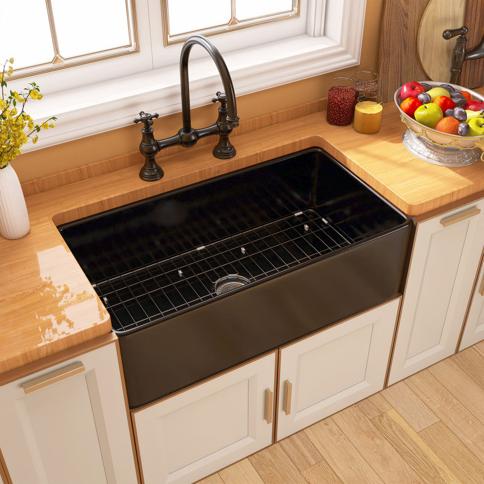Black Fireclay 33 Inch Single Bowl Farmhouse Apron Front Kitchen Sink