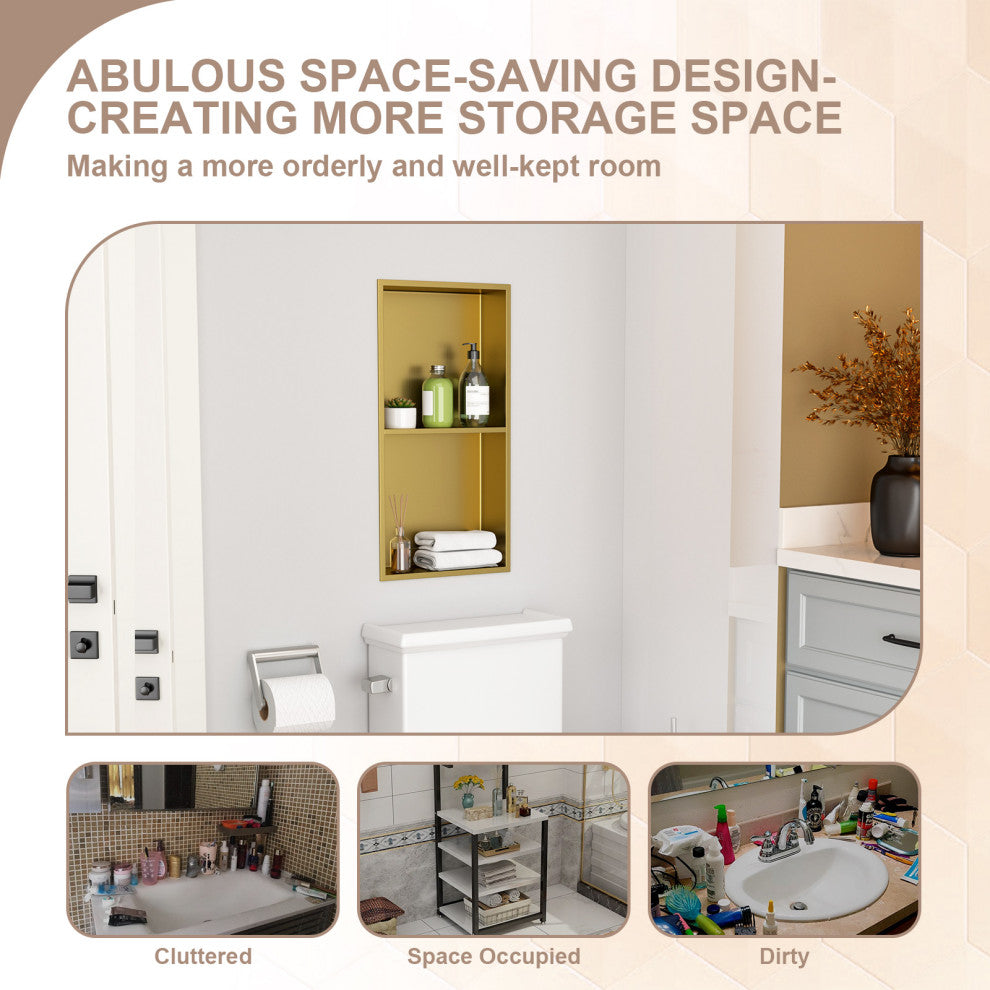 Stainless Steel Shower Niche Recessed Double Layer No Tile Needed , Gold