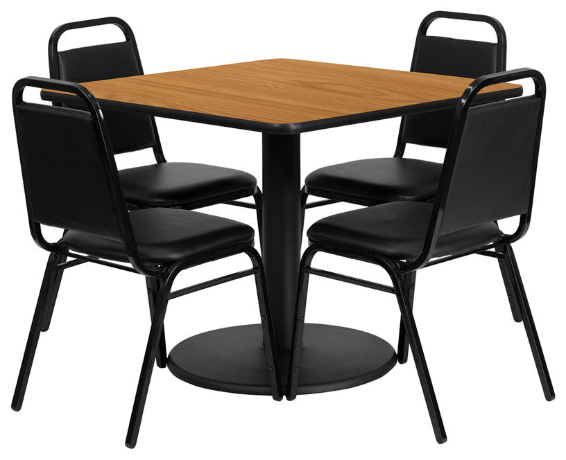 36" Square Mahogany Laminate Table Set With 4 Black Trapezoidal Back Chairs