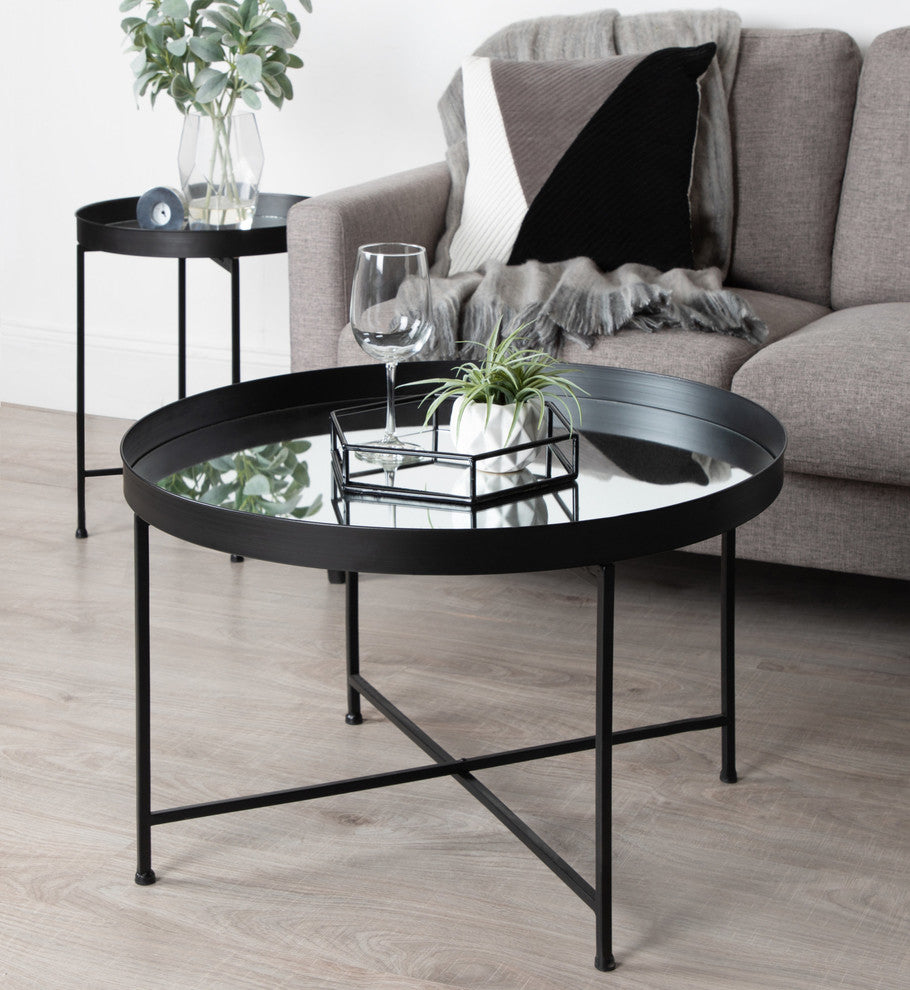 Celia Round Mirrored Coffee Table, Black 28.25x28.25x19