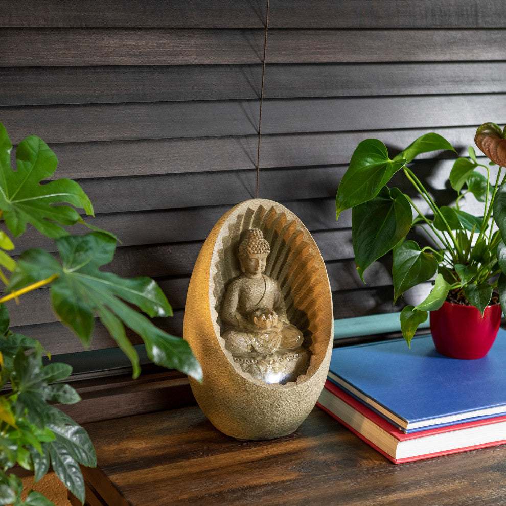 Alpine Buddha Tabletop Fountain With LED Light, 11" Tall