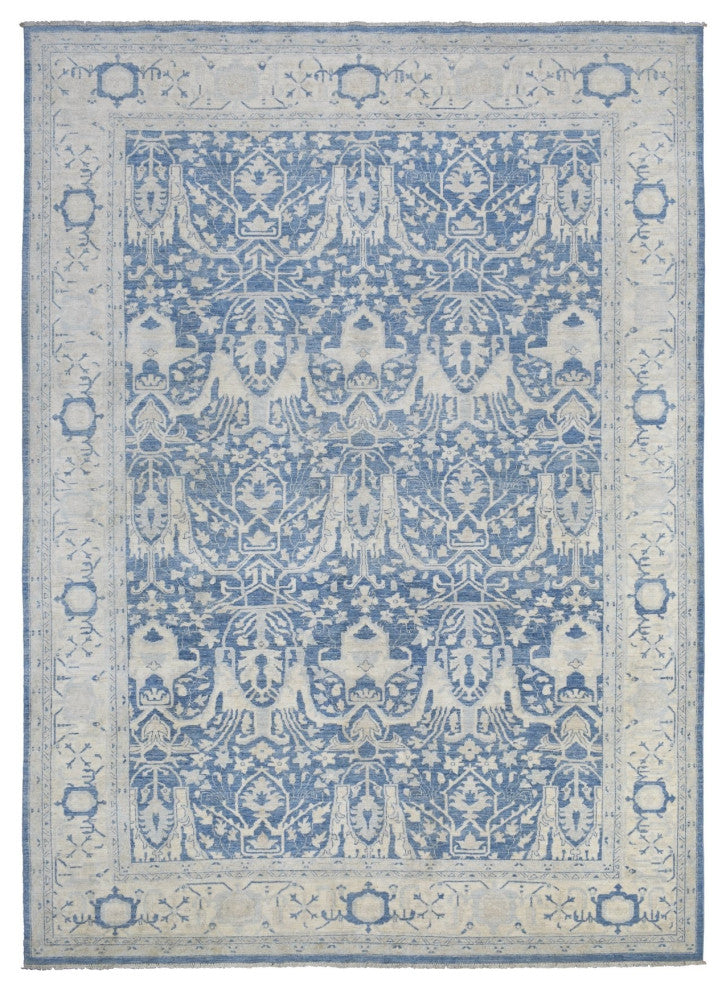 Denim Blue, Soft Wool Hand Knotted White Wash Peshawar, Rug, 9'8"x13'5"