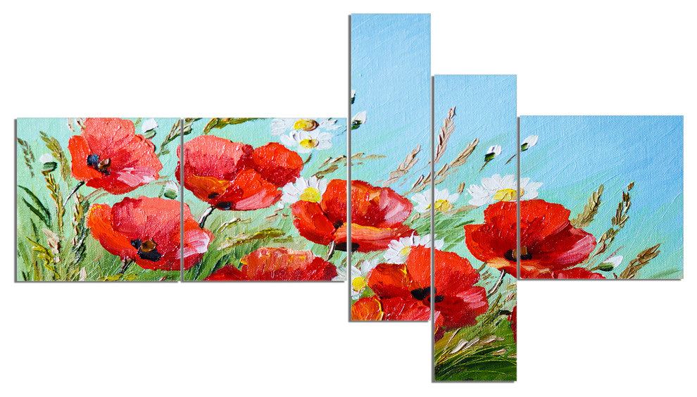 Poppies in Field against Blue Sky, Floral Canvas Art Print, 60"x32", 5 panels