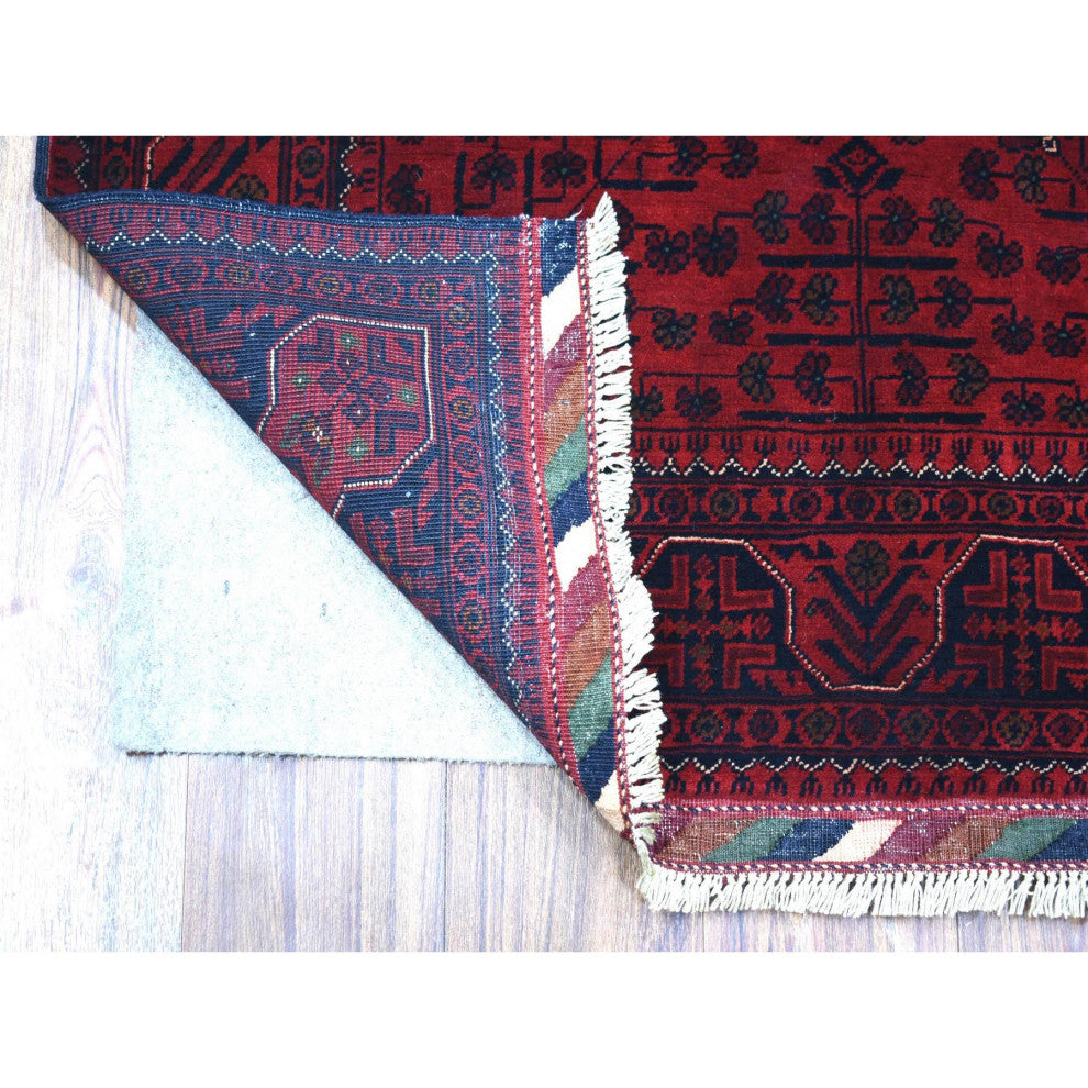Deep and Saturated Red Shiny Wool Hand Knotted Afghan Khamyab Rug, 3'4"x4'10"