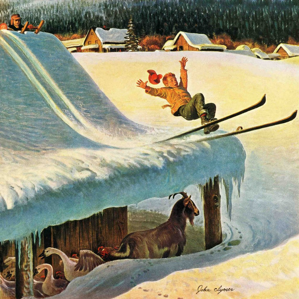 "Barn Skiing" Painting Print on Canvas by John Clymer