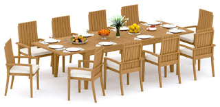 11-Piece Outdoor Teak Dining Set: 122" Rectangle Table 10 Goa Stacking Arm Chair