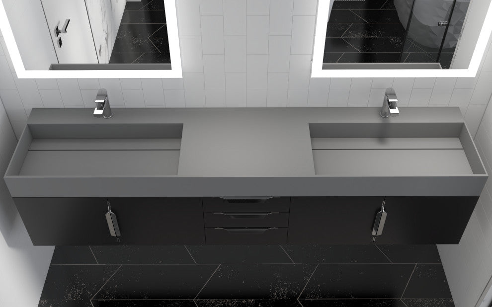 CastelloUSA Amazon 84" Wall Mounted Bathroom Vanity Set, Black, Gray Top, Brushed Nickel
