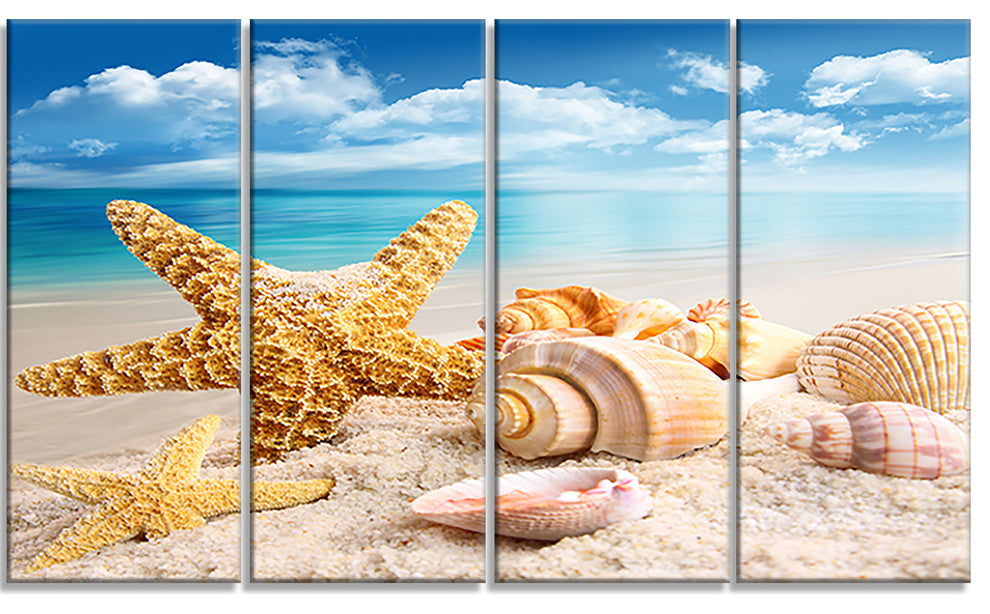Starfish and Seashells on Beach, Seashore Photo Canvas Print, 48"x28", 4 Panels