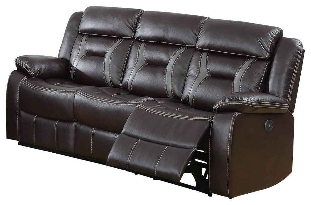 Benzara BM232636 Leather Power Motion Sofa With Contrast Stitching, Dark Brown