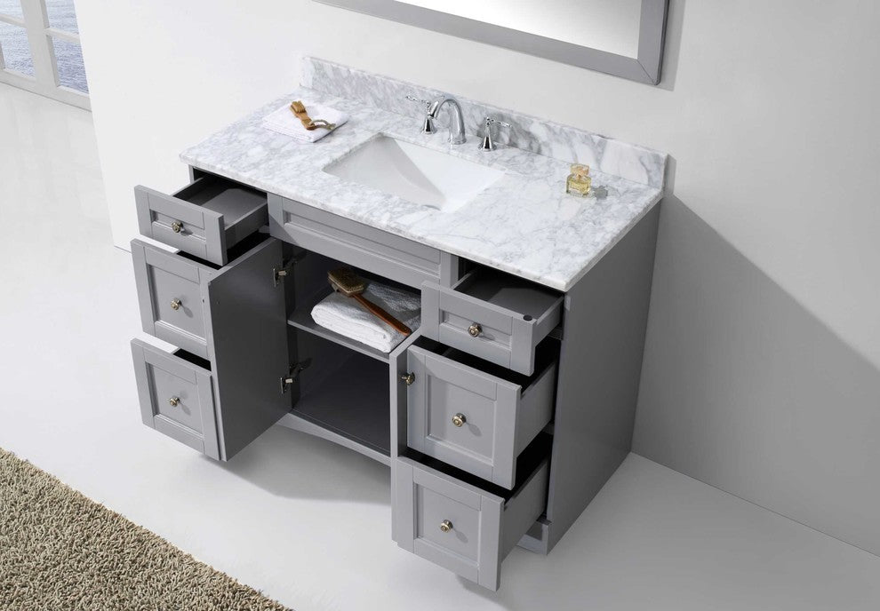 Virtu Elise 48" Single Bathroom Vanity, White , Black Granite Top, Mirror