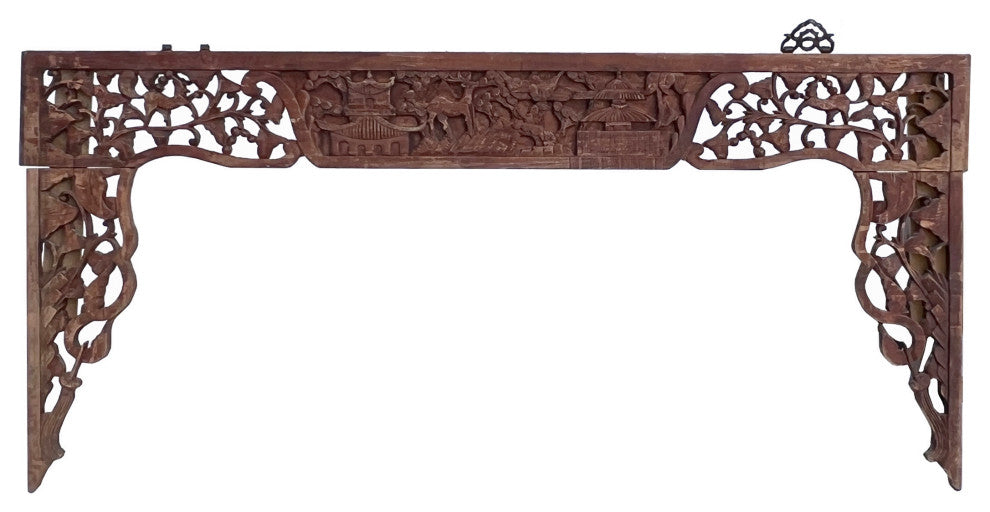 Chinese Vintage Relief Scenery Carving Arch Shape Wood Wall Art Hws3117