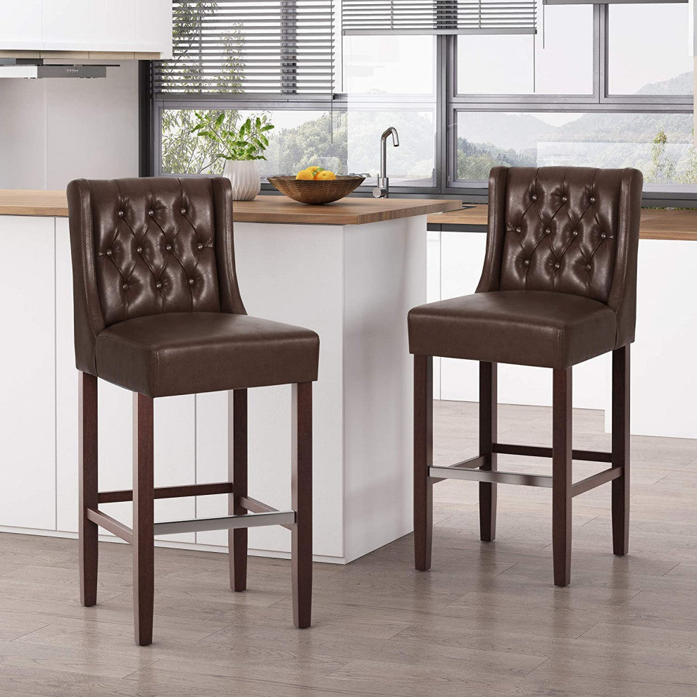 Set of 2 Contemporary Wingback Barstools with Diamond Button Tufting, Dark Brown