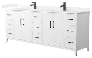 Elan 84" Double Vanity, White, White Quartz Top, 1-Hole, Black Trim
