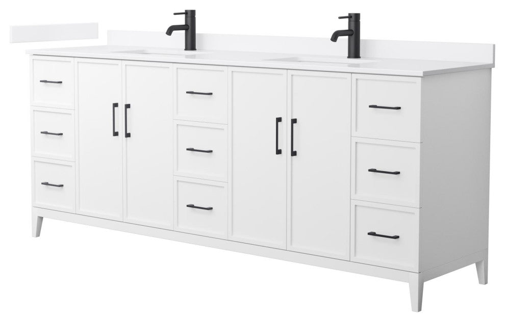 Elan 84" Double Vanity, White, White Quartz Top, 1-Hole, Black Trim
