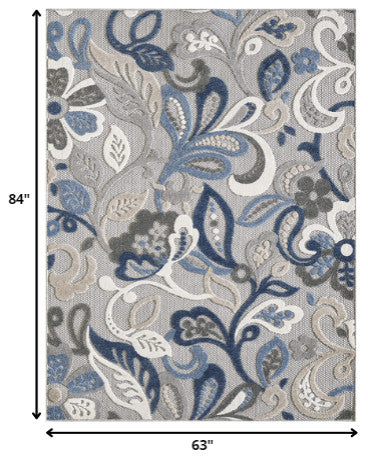 5"x7" Blue Gray Jacobean Floral Indoor Outdoor Area Rug