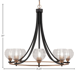 Paramount 8-Light Chandelier, Matte Black & Brass, 6" Clear Ribbed Glass