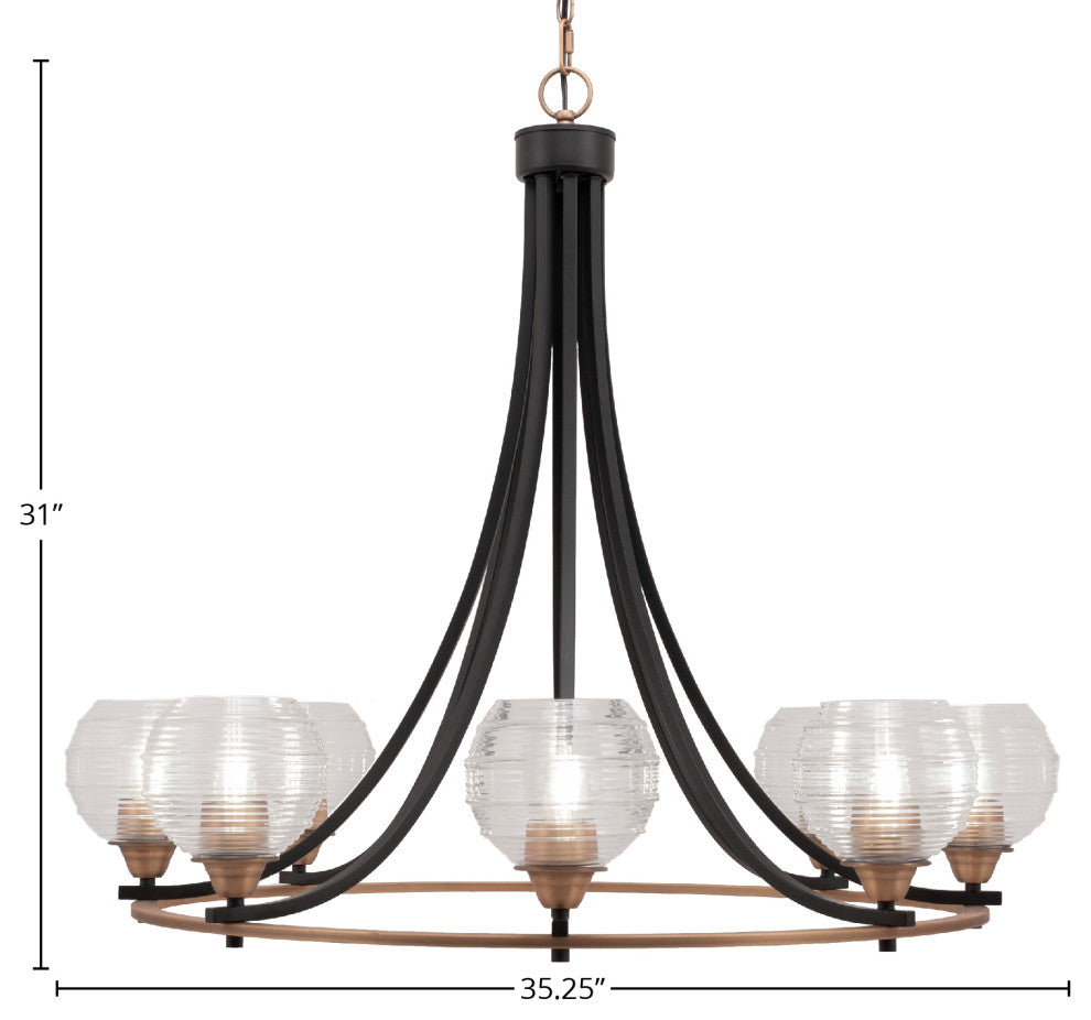 Paramount 8-Light Chandelier, Matte Black & Brass, 6" Clear Ribbed Glass