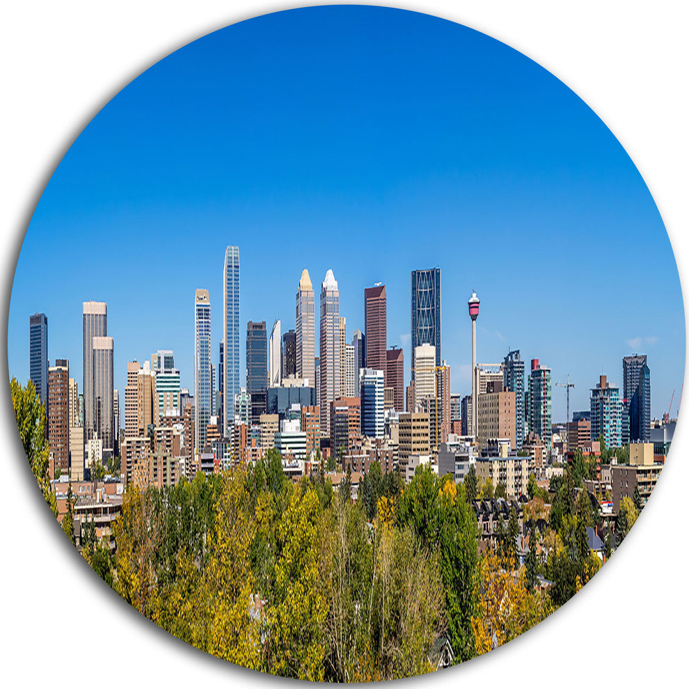 Calgary Skyline With Blue Sky, Photo Cityscape Disc Metal Wall Art, 23"