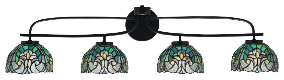 Cavella 4 Light Bath Bar, Matte Black Finish, 7" Turquoise Cypress Art Glass