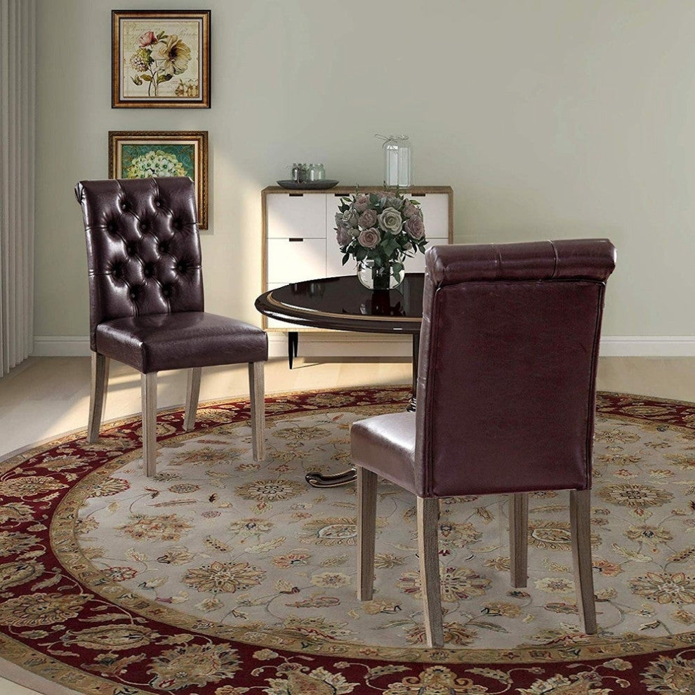 Button Tufted Armless Dining Room Chairs, Set of 2, Brown