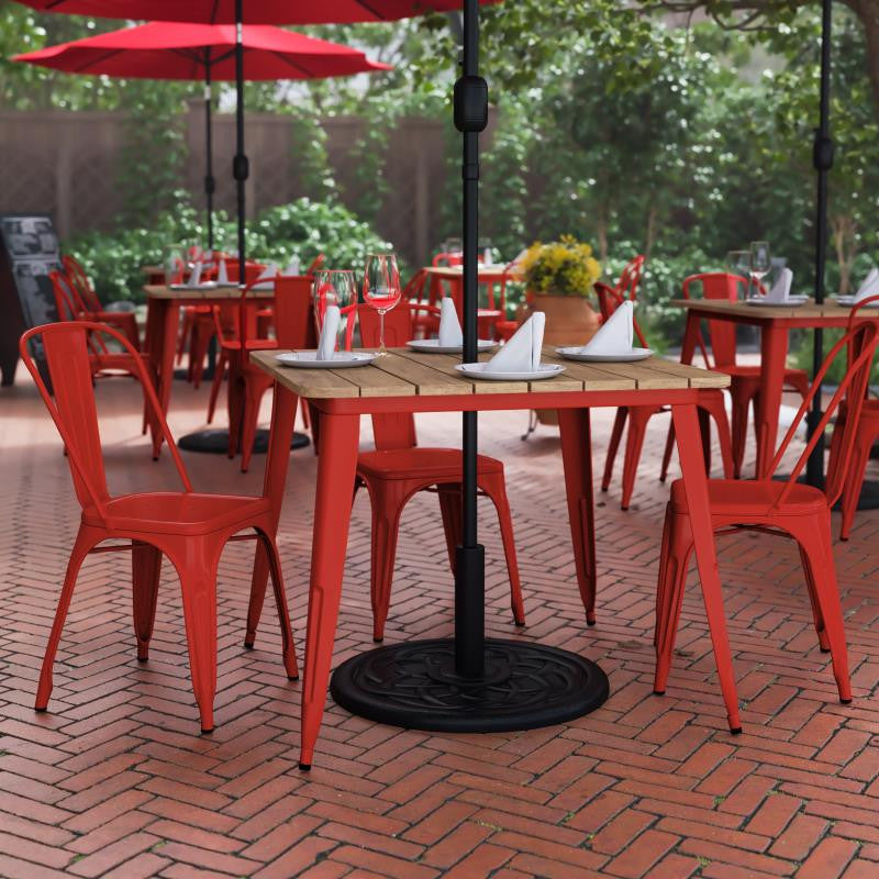 Declan Commercial Indoor/Outdoor Dining Table with Umbrella Hole, 36" Square, Brown/Red