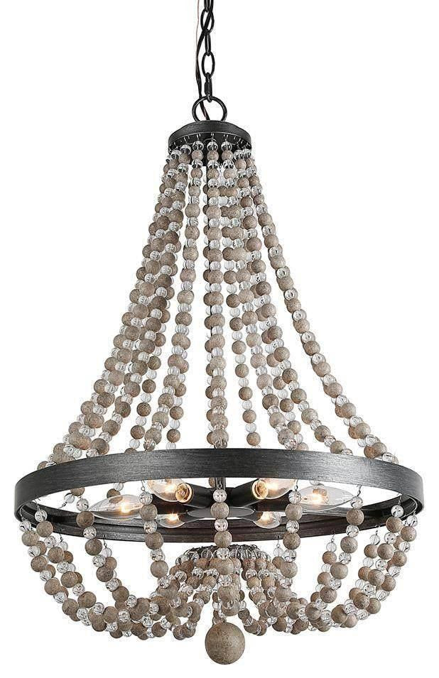 LNC 6-light Farmhouse Black Brushed Wood Beaded Bohemian Chandelier