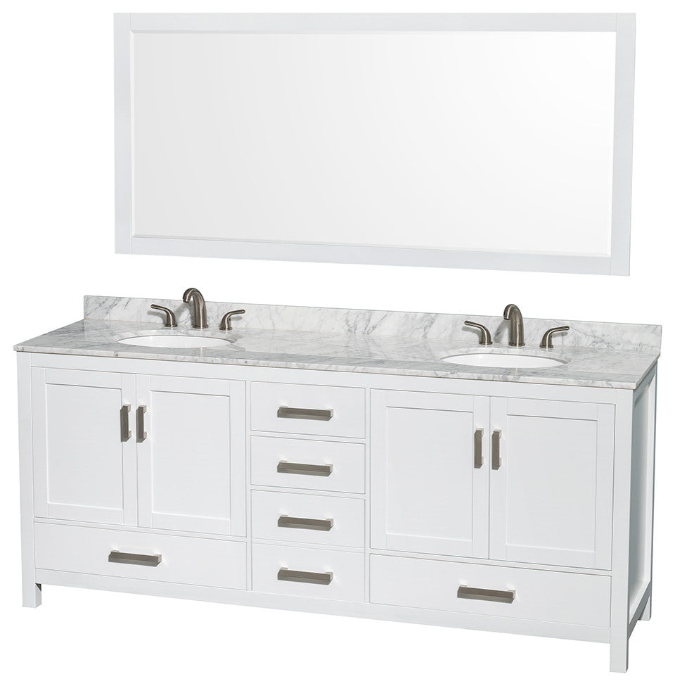Wyndham WCS141480DWHCMUNOM70 White 80 Inch Vanity with Oval Sinks and Mirror