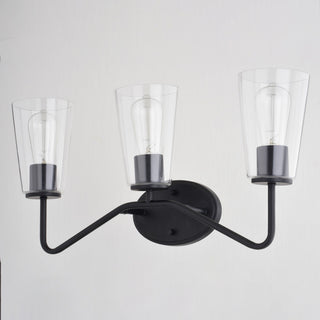 Beverly 3 Light Matte Black Bathroom Vanity Fixture Clear Glass, LED Compatible