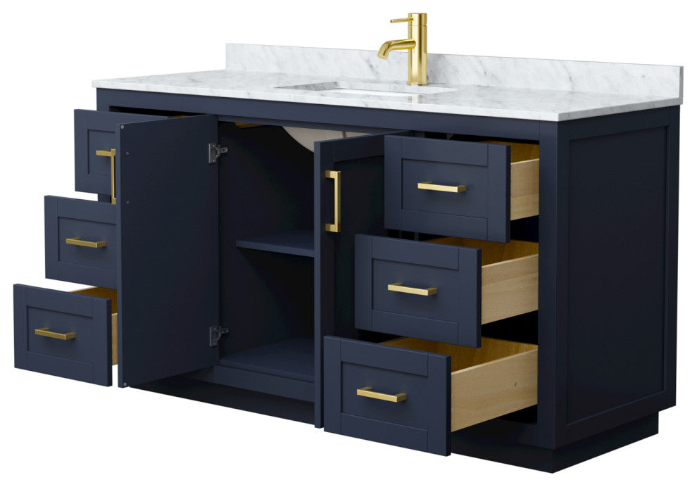 60" Single Bathroom Vanity Dark Blue, White Carrara Countertop, Sink, Gold Trim