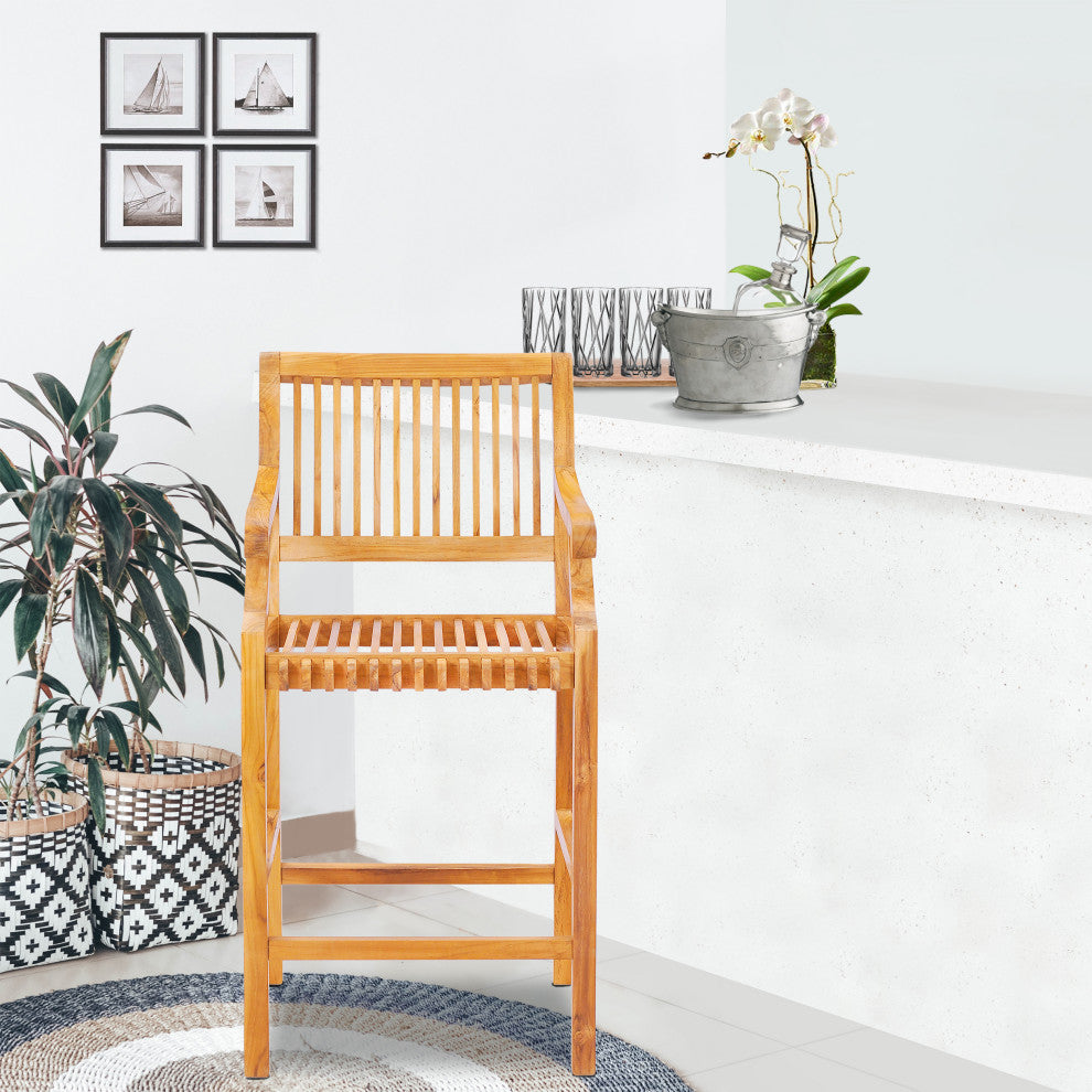 Teak Wood Castle Outdoor Patio Barstool with Arms