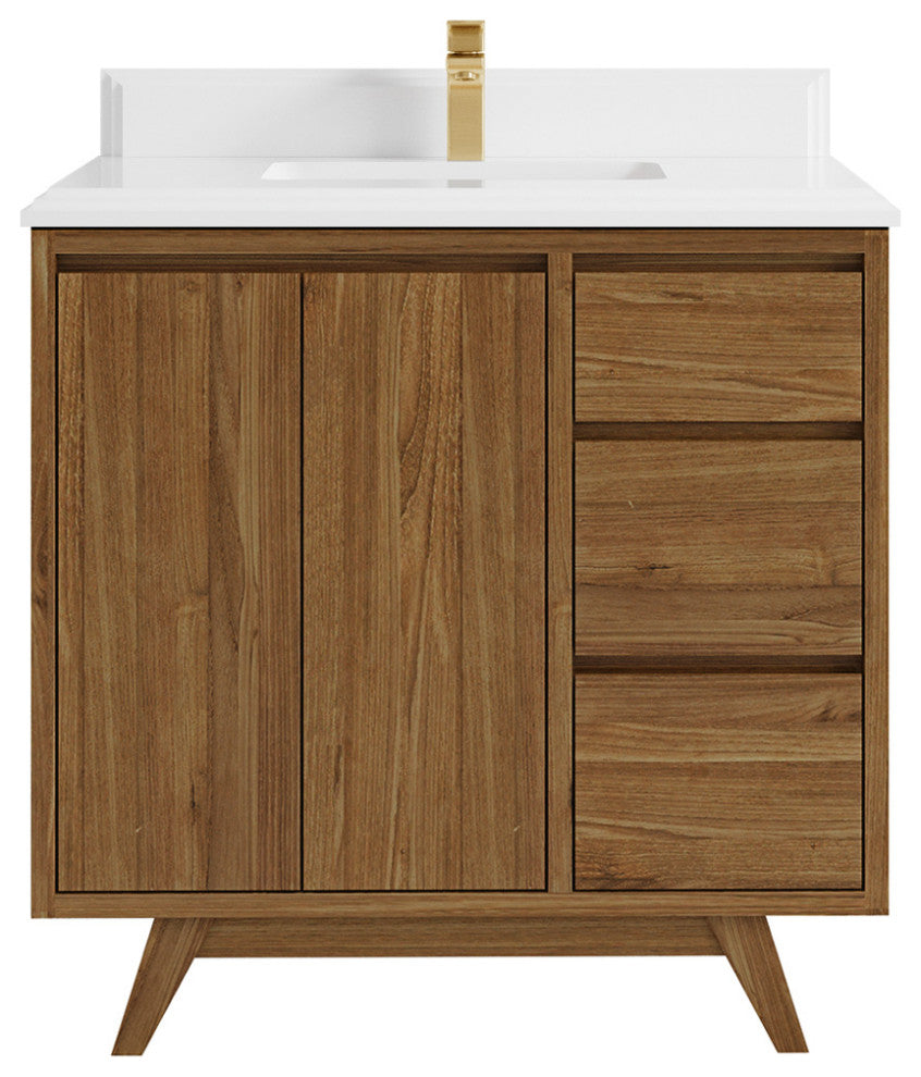 Madison Teak 36 Center Sink Bath Vanity in Dark Natural 1.5" White Quartz