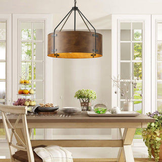 Matte Black 4-Light Metal Pendant Light With Brown Drum Shade