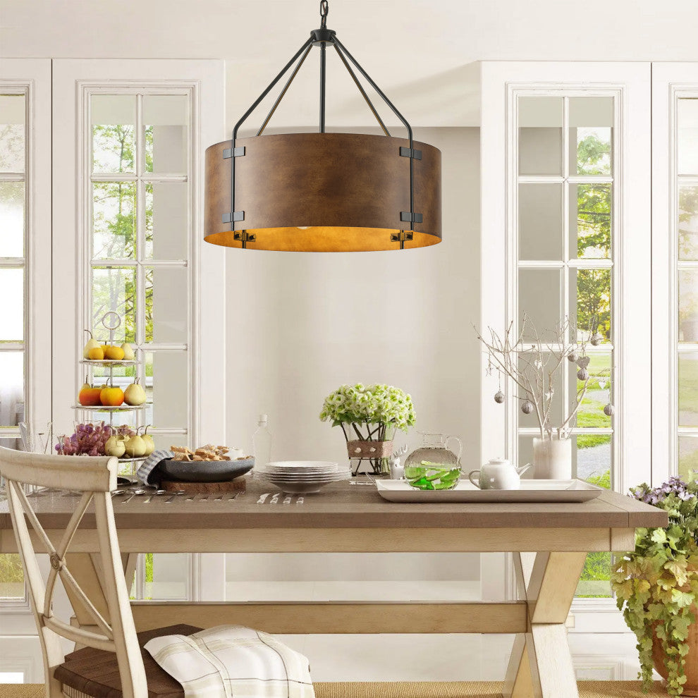 Matte Black 4-Light Metal Pendant Light With Brown Drum Shade