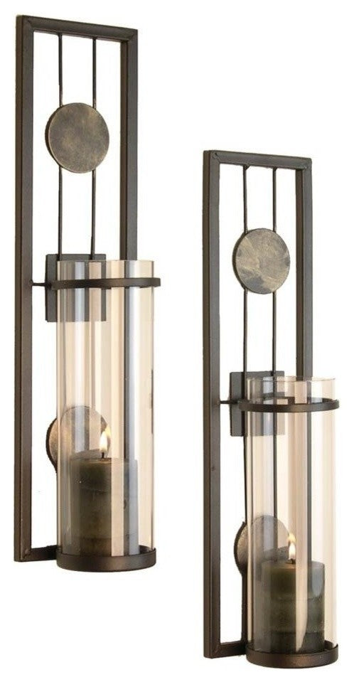 Contemporary Metal Wall Sconces With Antique Patina Medallions, Set of 2