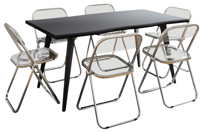 LeisureMod Lawrence 7-Piece Dining Set With Folding Chairs and Table, Clear