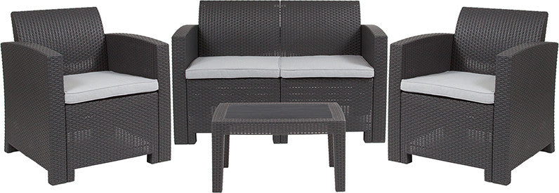 4 Piece Outdoor Faux Rattan Chair, Loveseat and Table Set, Dark Gray